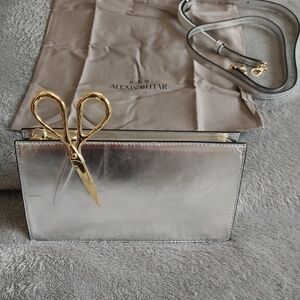 Alexis Bittar Metallic Silver Clutch with Gold Scissor Accent